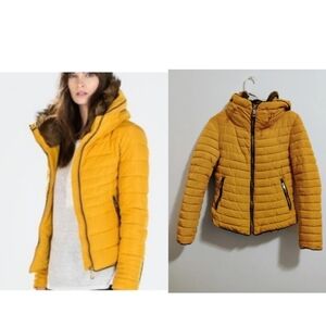 Zara Mustard Yellow Hooded Puffer Jacket Quilted Zip-Up Size S